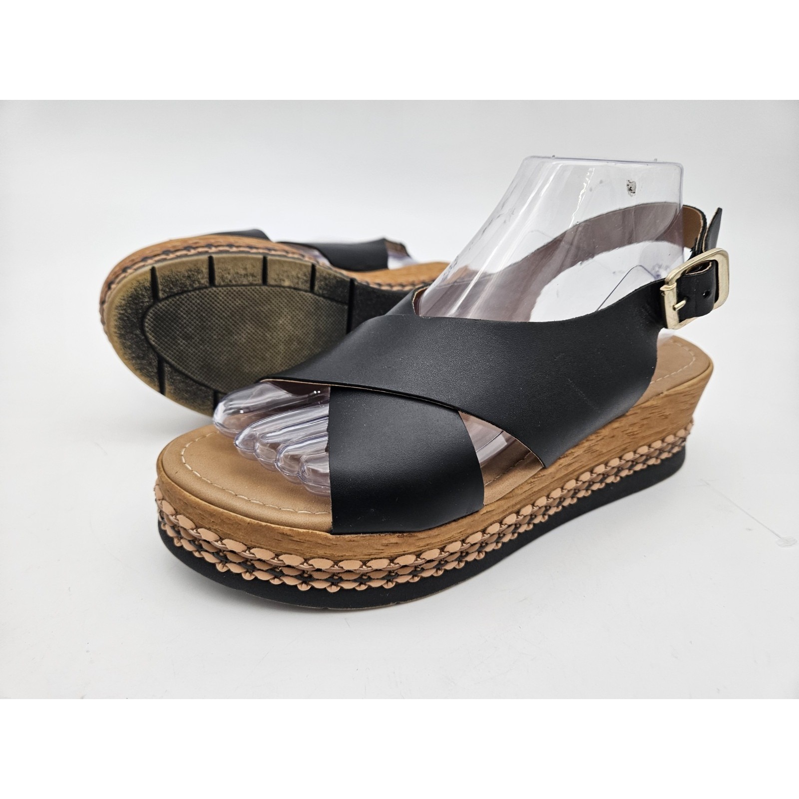 Mila Paoli Sandals Black Leather Open Round Toe Straps Platform Buckle Size 8